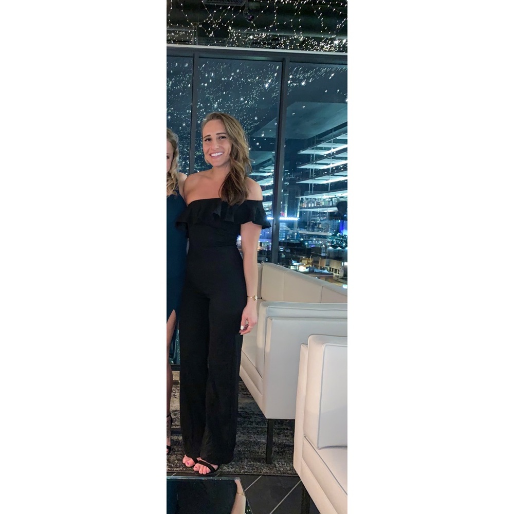 Black satin jumpsuit full pant one shoulder